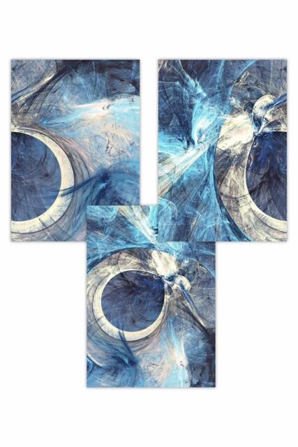 ARTZE Set of 3 Abstract Blue & Cream Mixed Media Fractal Art Posters - Size: W50 cm x H70 cm - image 1
