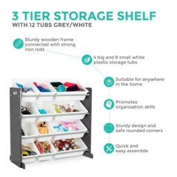 LIVIVO Children Plastic Bookshelf with 12 Containers in White - thumbnail 3