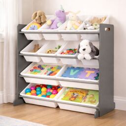 LIVIVO Children Plastic Bookshelf with 12 Containers in White - thumbnail 9