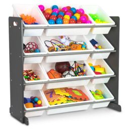 LIVIVO 4 Tier Kids Toy Storage Unit with 12 Plastic Boxes in White