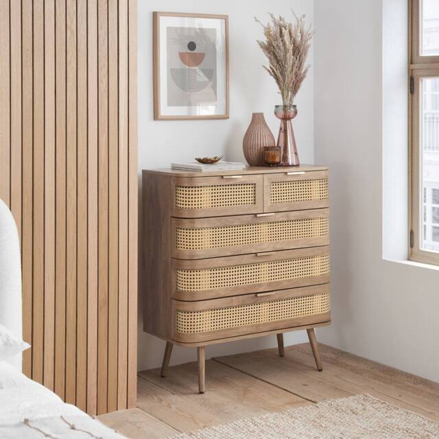 Birlea Rattan Chest of 5 Drawers Sark Brown Oak Mid Century Modern in Beige - image 1