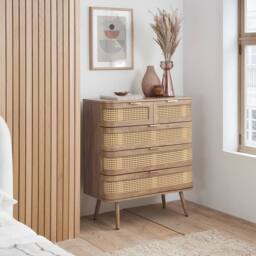 Birlea Rattan Chest of 5 Drawers Sark Brown Oak Mid Century Modern in Beige - thumbnail 1