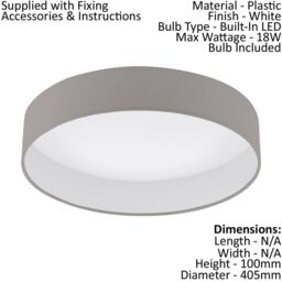 Loops Flush Ceiling Light Colour White Shade Taupe Fabric Bulb LED 18W Included - thumbnail 2