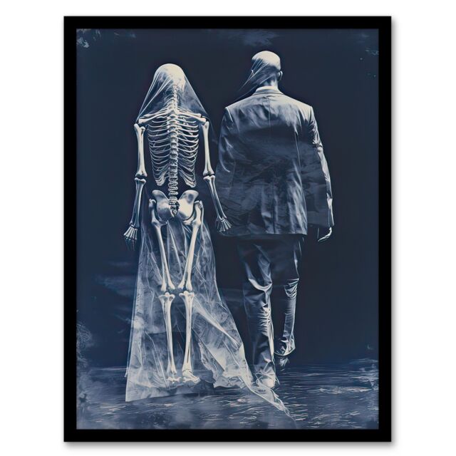 Artery8 Wall Art Print Until Death Do Us Part Skeletal Love Framed Picture in Blue - Size: A4 - image 1