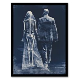 Artery8 Wall Art Print Until Death Do Us Part Skeletal Love Framed Picture in Blue - Size: A4 - thumbnail 1