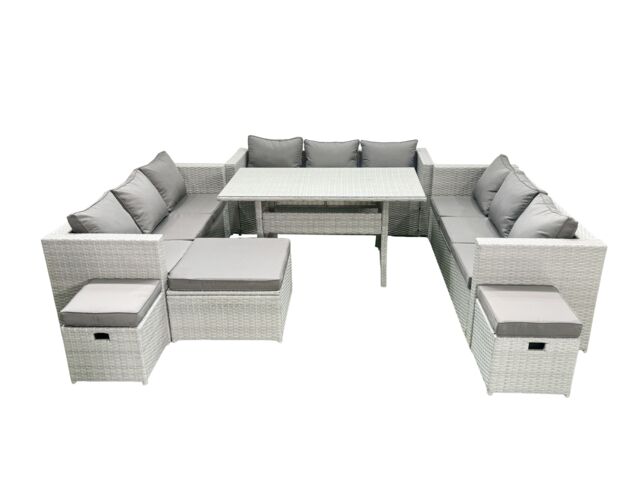 Fimous Rattan Garden Outdoor Furniture Set 12 Seater Garden Sofa Rectangulr Dining Table Set with 3 Footstools Light Grey Mixed - image 1