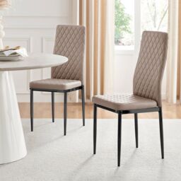 FurnitureboxUK Set of 4 Milan High Back Soft Touch Diamond Pattern Faux Leather Dining Chairs With Black Powder Coated Metal Legs in Beige
