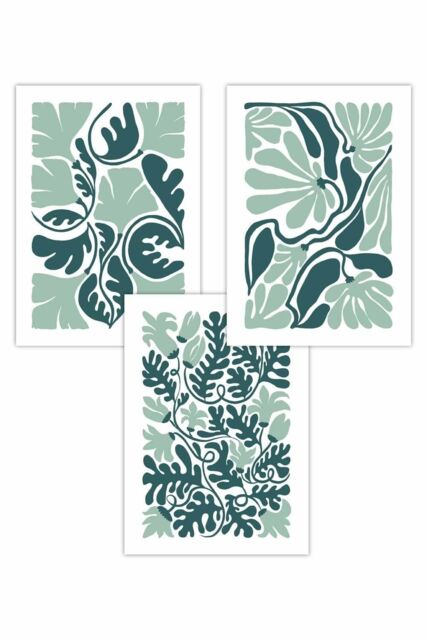 ARTZE Set of 3 Boho Abstract Green & White Floral Art Posters - Size: W50 cm x H70 cm - image 1