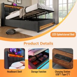 Matteo 5FT King Size Storage Bed Frame with Metal Slatted Frame No Mattress in Grey - Size: Double - thumbnail 3
