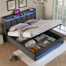 Matteo 5FT King Size Storage Bed Frame with Metal Slatted Frame No Mattress in Grey - Size: Double - thumbnail 8