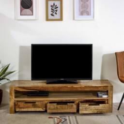 Indian Hub Surrey Large TV with 3 Drawers - Solid Mango Wood - L40 x W150 x H40cm in Brown - thumbnail 2