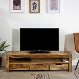 Indian Hub Surrey Large TV with 3 Drawers - Solid Mango Wood - L40 x W150 x H40cm in Brown - thumbnail 6
