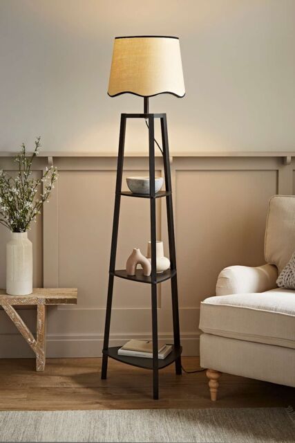 ValueLights Hiru Black 3 Tier Wooden Shelf Floor Lamp with Scallop Edge Shade - image 1
