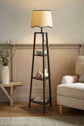 ValueLights Hiru Black 3 Tier Wooden Shelf Floor Lamp with Scallop Edge Shade