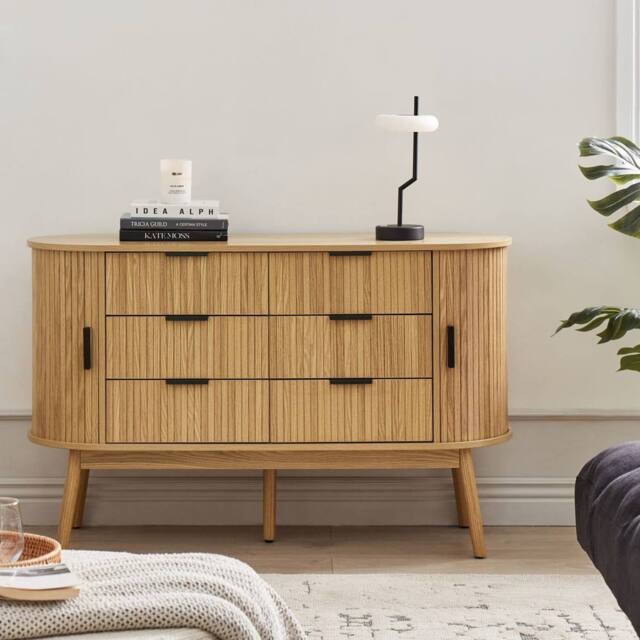 Wyld and Coco 6-Drawer Chest in Light Brown with Solid Pine Legs and Sliding Doors - image 1