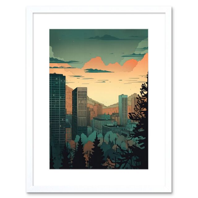 "Artery8 Wall Art Print Skyscrapers by Forest Urban Architecture Landscape Artwork Framed 9X7 Inch in White - Size: W7"" x H9""" - image 1