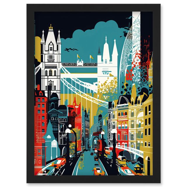 Artery8 London Iconic Landmarks Modern Abstract Cityscape Artwork Framed Wall Art Print A4 in Black - image 1