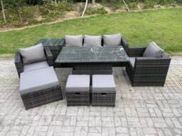 Fimous 8 Seater Wicker PE Rattan Garden Furniture Sofa Set Outdoor Adjustable Rising Lifting Dining Table Set in Dark Grey - thumbnail 2