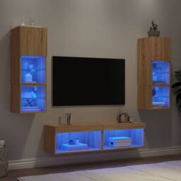 Berkfield Home 6 Piece TV Wall Units with LED Sonoma Oak Engineered Wood in Light Tan - thumbnail 2