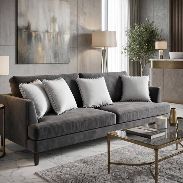 Luxury Living Set of 4 Velvet Cushions with Pom Trim with pads in Silver - Size: 43 cm x 43 cm - image 1
