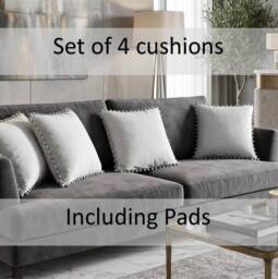Luxury Living Set of 4 Velvet Cushions with Pom Trim with pads in Silver - Size: 43 cm x 43 cm - thumbnail 5