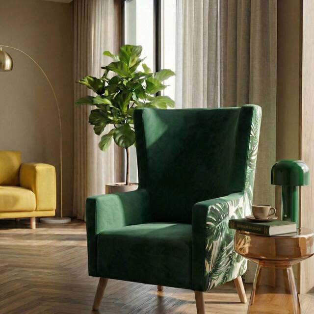 Wyld and Coco Wingback Armchair Deep Green Velvet High Back Slanted Light Wood Legs - image 1