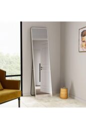 H&O Direct White Bedroom Wall Mounted Full Length Mirror Rounded Rectangular Floor Mirror with Stand, 37cm W x 147cm H - Size: 37 cm W x 147 cm H