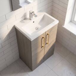 Balterley Bathroom Vanity Basin Unit, Brushed Brass Handles, 600mm, Mid Oak in Brown - thumbnail 3