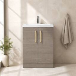 Balterley Bathroom Vanity Basin Unit, Brushed Brass Handles, 600mm, Mid Oak in Brown - thumbnail 5