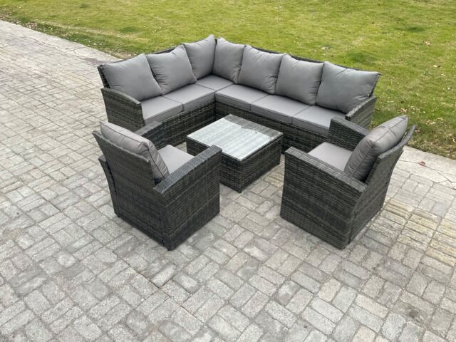Fimous 8 Seater Outdoor Garden Furniture Set Wicker PE Rattan Corner Sofa Set with Square Coffee Table 2 Armchairs Dark Grey Mixed - image 1