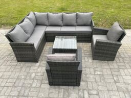 Fimous 8 Seater Outdoor Garden Furniture Set Wicker PE Rattan Corner Sofa Set with Square Coffee Table 2 Armchairs Dark Grey Mixed - thumbnail 2