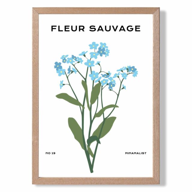 ARTZE Blue Forget Me Not Flower Market Minimalist Framed Print SIZE: A4 with Oak Frame in Mid Blue - image 1