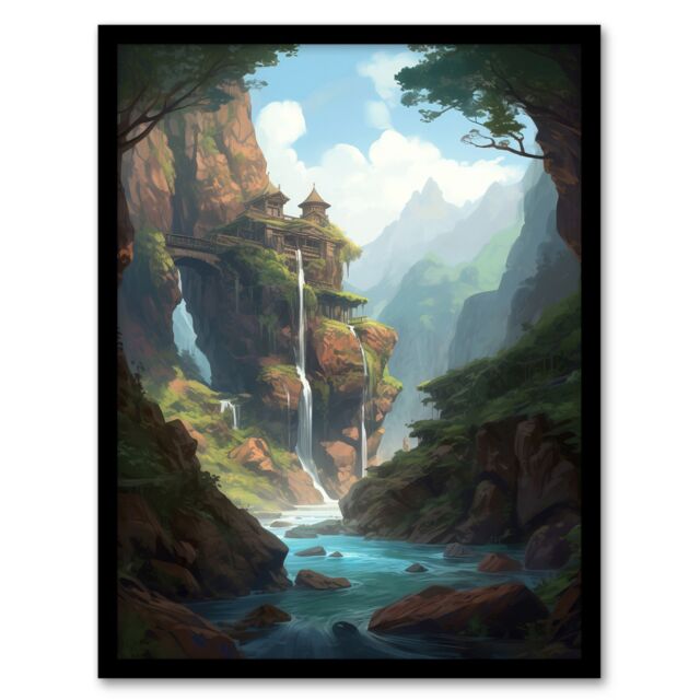 Artery8 Wall Art Print Fortress on a Waterfall Cliff Concept Art Painting Fantasy Kingdom Entrance in Enchanted Forest Art Framed in Blue - Size: A4 - image 1