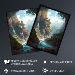 Artery8 Wall Art Print Fortress on a Waterfall Cliff Concept Art Painting Fantasy Kingdom Entrance in Enchanted Forest Art Framed in Blue - Size: A4 - thumbnail 2