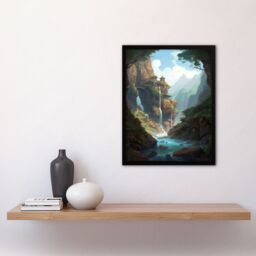 Artery8 Wall Art Print Fortress on a Waterfall Cliff Concept Art Painting Fantasy Kingdom Entrance in Enchanted Forest Art Framed in Blue - Size: A4 - thumbnail 4