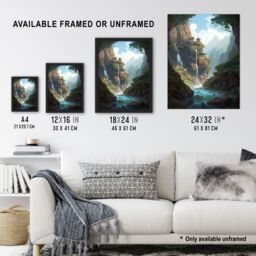 Artery8 Wall Art Print Fortress on a Waterfall Cliff Concept Art Painting Fantasy Kingdom Entrance in Enchanted Forest Art Framed in Blue - Size: A4 - thumbnail 3