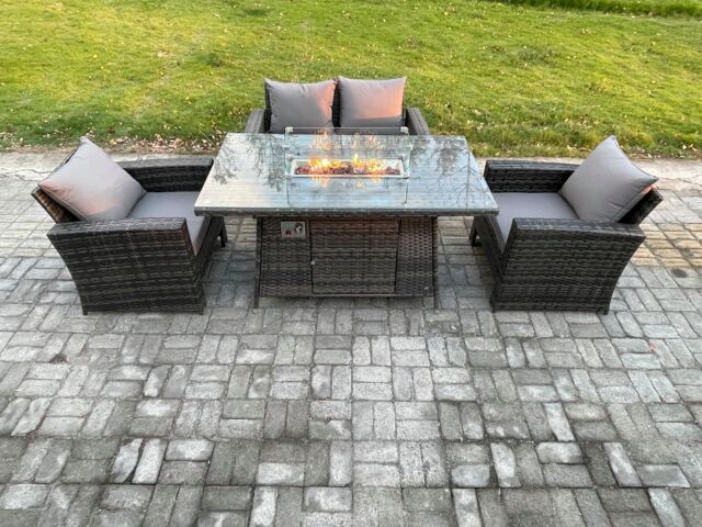 Fimous 4 Seater Outdoor Rattan Sofa Set Garden Furniture Gas Firepit Dining Table Heater Dark Grey Mixed
