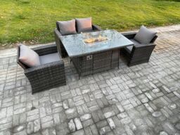Fimous 4 Seater Outdoor Rattan Sofa Set Garden Furniture Gas Firepit Dining Table Heater Dark Grey Mixed - thumbnail 2