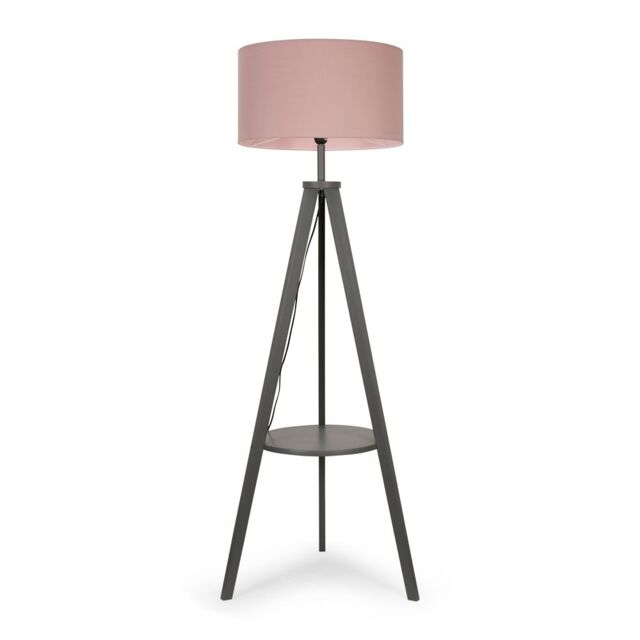 ValueLights Morrigan Grey Wood Tripod Floor Lamp with Fabric Drum Shade & Bulb in Pale Pink - image 1