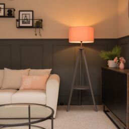 ValueLights Morrigan Grey Wood Tripod Floor Lamp with Fabric Drum Shade & Bulb in Pale Pink - thumbnail 3