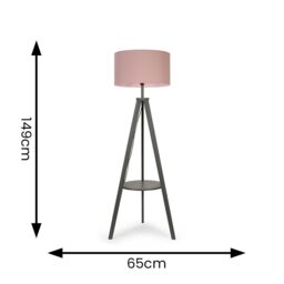 ValueLights Morrigan Grey Wood Tripod Floor Lamp with Fabric Drum Shade & Bulb in Pale Pink - thumbnail 5