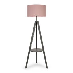 ValueLights Morrigan Grey Wood Tripod Floor Lamp with Fabric Drum Shade & Bulb in Pale Pink