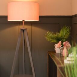 ValueLights Morrigan Grey Wood Tripod Floor Lamp with Fabric Drum Shade & Bulb in Pale Pink - thumbnail 2