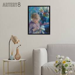 "Artery8 Renoir Young Woman Sewing Framed Canvas Wall Art Print in Blue - Size: W12"" x H16""" - thumbnail 3
