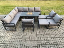 Fimous Aluminium 12 Seater Garden Furniture Outdoor Set Patio Lounge Sofa Gas Fire Pit Dining Table Set with 3 Chair 2 Big Footstools Dark Grey - thumbnail 2