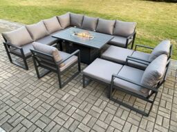 Fimous Aluminium 12 Seater Garden Furniture Outdoor Set Patio Lounge Sofa Gas Fire Pit Dining Table Set with 3 Chair 2 Big Footstools Dark Grey - thumbnail 1