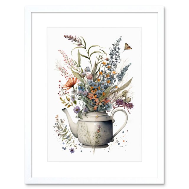 "Artery8 Wall Art Print Spring Wildflower Bouquet in White Ceramic Teapot Artwork Framed 9X7 Inch - Size: W7"" x H9""" - image 1