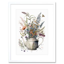 "Artery8 Wall Art Print Spring Wildflower Bouquet in White Ceramic Teapot Artwork Framed 9X7 Inch - Size: W7"" x H9""" - thumbnail 1