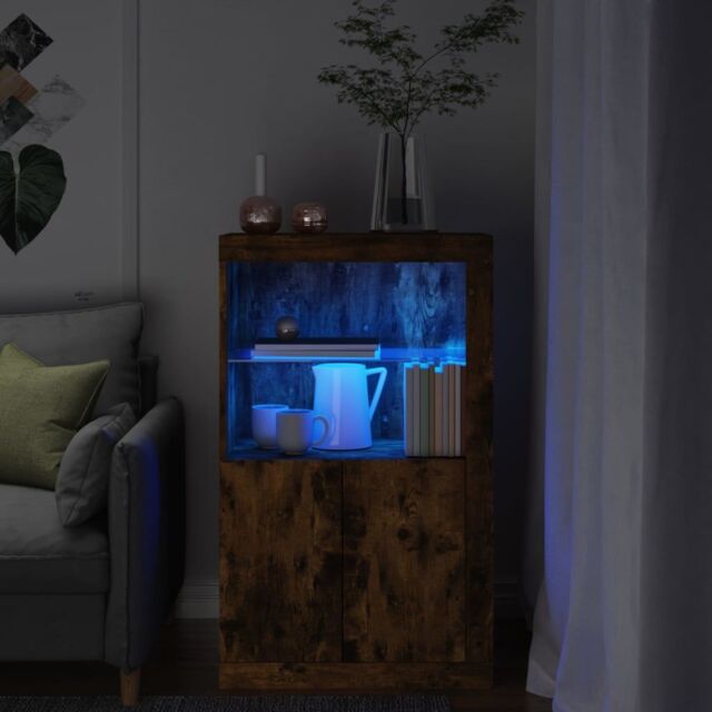 Berkfield Home Side Cabinet with LED Lights Smoked Oak Engineered Wood in Brown - image 1