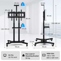 Gymax Mobile TV Stand Height Adjustable TV Cart for 32-70 Inch Display in Black - thumbnail 2